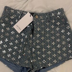 AKIRA Sparkling Sequin Blue Jean Shorts
